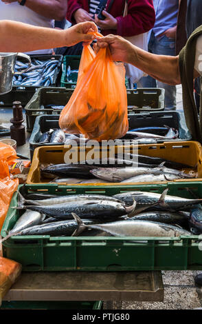 Il denaro cambia le mani a suddivide il mercato del pesce. Foto Stock