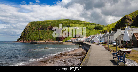 Fila di case bianche di Pennan pesca costiera villaggio sul mare del Nord in Aberdeenshire Scozia UK con Black Hill scogliera sul mare Foto Stock