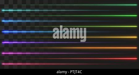 Lineare fasci di energia impostato. illustrazione vettoriale di laser con trasparente effetto bagliore. Illustrazione Vettoriale