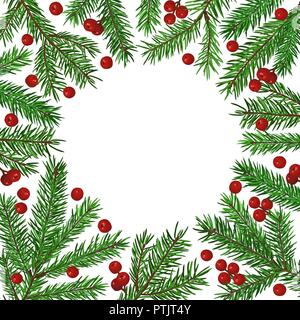 Con uno sfondo verde realistico abete del ramo e bacche di natale. Posto per testo, congratulazioni. Natale e Anno Nuovo simbolo. Illustrazione Vettoriale