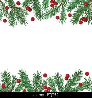 Senza cuciture con sfondo verde realistico abete del ramo e bacche di natale. Posto per testo, congratulazioni. Natale e Anno Nuovo simbolo. Illustrazione Vettoriale
