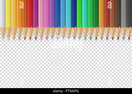Sfondo vettoriale con realistica 3D colorato in legno matite colorate o pastelli su sfondo trasparente con spazio per i messaggi di testo o. Set di matita. Modello di progetto per il concetto di creatività Illustrazione Vettoriale