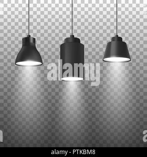 Vettore tridimensionale realistico faretti nero o appendere lampada da soffitto impostato sulla corda Closeup isolato su sfondo trasparente. Modello di progetto di spot luminosi lampade con luce Illustrazione Vettoriale