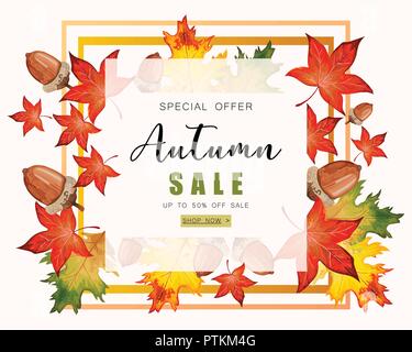 Banner per vendita autunnale con foglie di autunno. Illustrazione Vettoriale