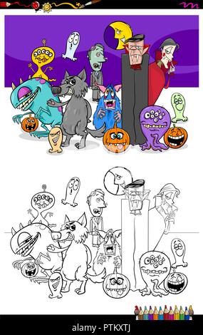 Cartoon illustrazione di Spooky Halloween gruppo di caratteri libro da colorare cartella di lavoro Illustrazione Vettoriale