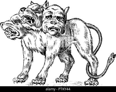 Cerberus tre teste di cane. Mitico greco antico mostro. Animale mitologico. Creature Fantastiche in vecchio stile vintage. Incisi disegnati a mano il vecchio Illustrazione Vettoriale