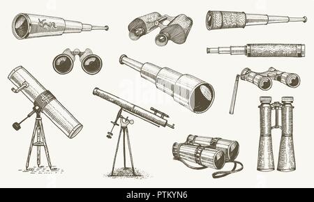 Il binocolo o occhiali di campo. Set militare. vintage telescopi e attrezzature ottiche. incisi disegnati a mano vecchia linea icona. retrò stile sketch. Concetto di corsa attiva, esplorazione e scoperta. Illustrazione Vettoriale