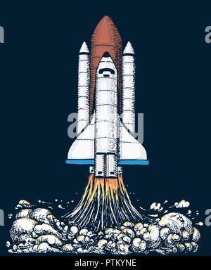 Lo space shuttle decolla. astronauta astronomico esplorazione. incisi disegnati a mano nel vecchio sketch, in stile vintage per etichetta, startup business o T-shirt nave battenti. Il lancio di un razzo verso il cielo. Illustrazione Vettoriale