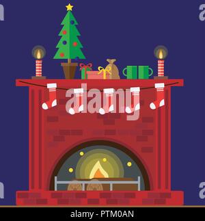 Natale sala caminetto interno in cartoon colorate in stile appartamento. Albero di natale, regali, decorazione, camino. Illustrazione Vettoriale. Illustrazione Vettoriale
