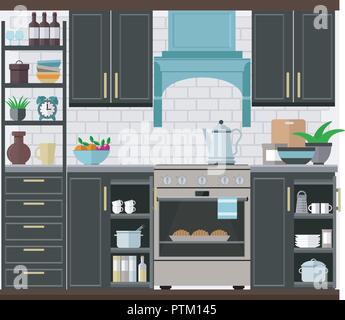 Elegante e alla moda di cucina in semplici colori. Illustrazione Vettoriale sul tema dell'interno. Illustrazione Vettoriale