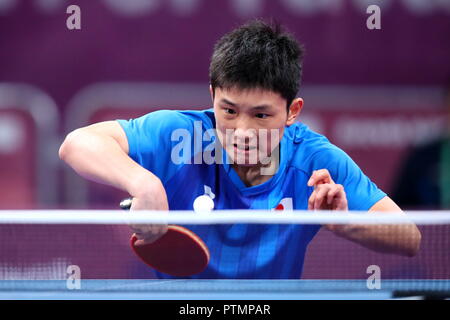 Buenos Aires, Argentina. 9 Ott, 2018. Tomokazu Harimoto (JPN) Tennis da tavolo : Uomini Singoli Round di 16 nel corso Buenos Aires 2018 Olimpiadi della Gioventù a TECNOPOLIS PARK a Buenos Aires in Argentina . Credito: Naoki Nishimura AFLO/sport/Alamy Live News Foto Stock