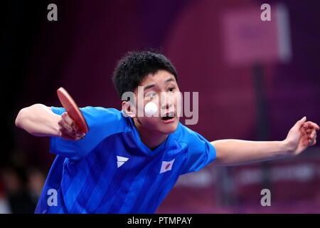 Buenos Aires, Argentina. 9 Ott, 2018. Tomokazu Harimoto (JPN) Tennis da tavolo : Uomini Singoli Round di 16 nel corso Buenos Aires 2018 Olimpiadi della Gioventù a TECNOPOLIS PARK a Buenos Aires in Argentina . Credito: Naoki Nishimura AFLO/sport/Alamy Live News Foto Stock