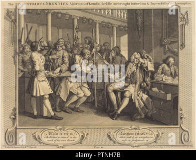 L'operosa 'Prentice assessore di Londra,il minimo uno portato davanti a lui & impea ch'd da il suo complice. Data: 1747. Medium: attacco e incisione. Museo: National Gallery of Art di Washington DC. Autore: William Hogarth. Foto Stock