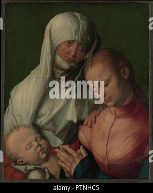 Vergine con Bambino e Sant'Anna. Artista: Albrecht Dürer (Tedesco, 1471-1528 Norimberga Norimberga). Dimensioni: 23 5/8 x 19 5/8 in. (60 x 49,8 cm). Data: probabilmente 1519. Questo inquietante pittura devozionale raffigura Sant'Anna, che era particolarmente venerata in Germania, con la Vergine e il bambino. Il motivo del sonno infantile, prefigurazione la morte di Cristo, fu probabilmente ispirato da Giovanni Bellini, il cui lavoro Dürer ammirato durante il suo soggiorno a Venezia. Anne la mano sulla sua figlia della spalla assume un significato consolatorio, e il suo sguardo distante suggerisce un presagio della Passione di Cristo. La modalità Foto Stock