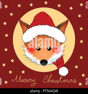 Red Fox Babbo Natale sul Natale Rosso bigliettino. Illustrazione Vettoriale. Illustrazione Vettoriale