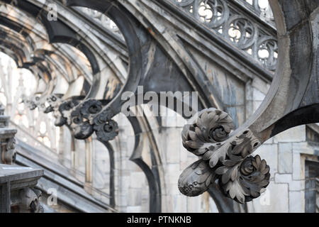 Milano, Italia. Foto scattata in alto in terrazze del Duomo di Milano / Duomo di Milano, che mostra l'architettura gotica in dettaglio. Foto Stock