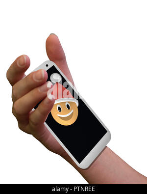 Mano umana è in possesso di un telefono cellulare con ridere emoticon di natale. 3d illustrazione Foto Stock
