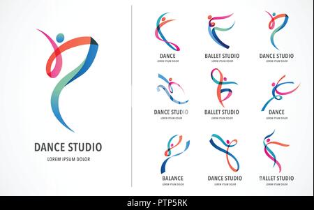 Astratti persone logo design. Palestra fitness, esecuzione di vettore trainer il logo colorato. Active Fitness, sport, danza web icona e simbolo Illustrazione Vettoriale