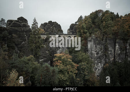 Deadpan dark Ponte Pietra Bastei nella Svizzera sassone con la nebbia di pioggia sul fiume Elba, parco nazionale Svizzera sassone. Foto Stock