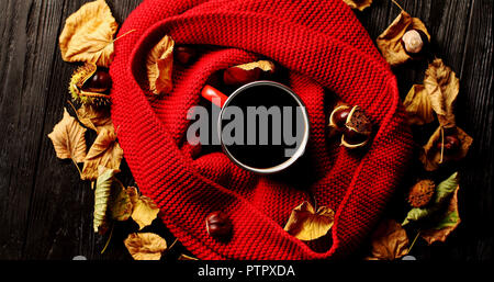 Le foglie e i dadi intorno sciarpa e bevande Foto Stock