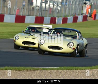 Mark Russell, Tony Jardine, Jaguar E-Type, Robert Gate, John Cleland, Jaguar E-Type, Jaguar Classic Challenge, pre-66 Jaguar Cars, Storico di Donington Foto Stock