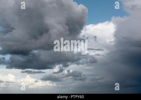 Vista su un impressionante, bello e tempestoso cloudscape, con splendide sfumature di grigio e bianco contro un cielo blu Foto Stock