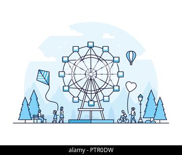 La grande ruota - linea sottile stile di design illustrazione vettoriale su sfondo bianco. Alta qualità di colore blu composizione con una giostra, gente che passeggia in t Illustrazione Vettoriale
