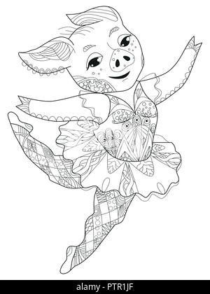 Zentangle stilizzata ballerine di maiale. Disegnata a mano decorativo illustrazione vettoriale Illustrazione Vettoriale