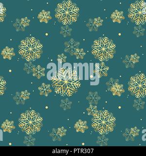 Oro fiocchi di neve scintillante seamless pattern su sfondo verde. EPS 10 Illustrazione Vettoriale