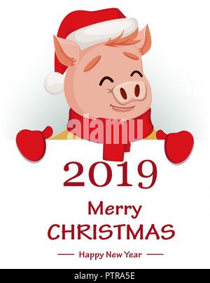 Auguri di Buon Natale. Carino il maiale indossando Santa Claus hat e sciarpa. Allegro divertente personaggio dei fumetti azienda banner con congratulazioni. Illustrazione Vettoriale Illustrazione Vettoriale