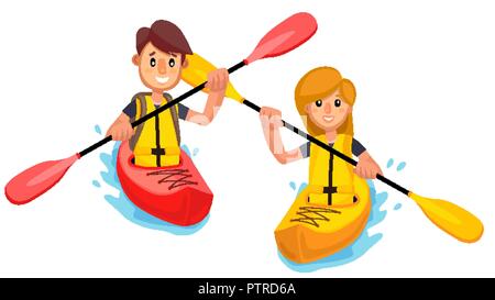 Giovane cavalca un kayak barca sul Lago di vettore. Illustrazione isolato Illustrazione Vettoriale