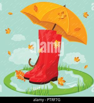 Stivali rossi e vettore di ombrello. Giorno di pioggia sfondo Illustrazione Vettoriale
