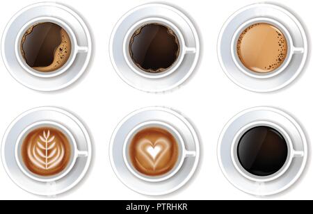 Tazze caffè vettore set realistico. vista superiore 3d illustrazione Illustrazione Vettoriale