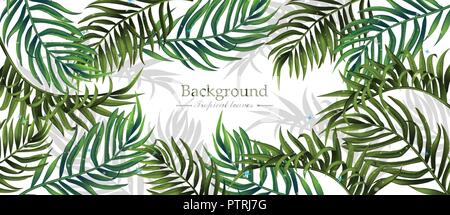 Foglie tropicali vettore sfondo realistiche. Caldo estivo modello di pagina di intestazione Illustrazione Vettoriale