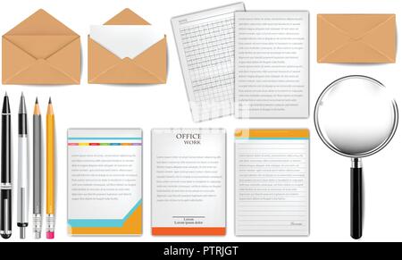 Vettore di documenti insieme realistico. E-mail, carta, matite 3d illustrazione dettagliata Illustrazione Vettoriale