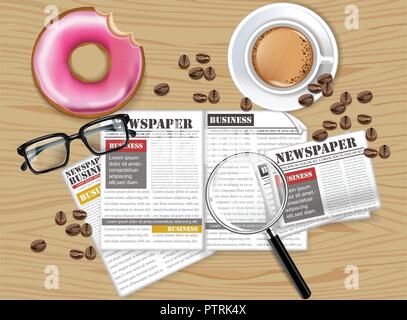 Scrivania in ufficio caffè, ciambella, quotidiano e vettore di occhiali realistiche. Vista superiore Illustrazione Vettoriale