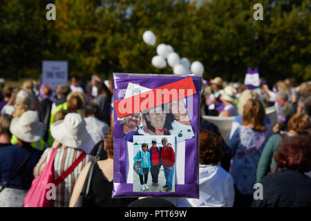 London, Regno Unito - 10 Ottobre 2018: una targhetta detenute aloft davanti a una folla di manifestanti al rally WASPI chiamando la parità di trattamento in materia di pensioni per le donne nate negli anni cinquanta. Credito: Kevin J. Frost/Alamy Live News Foto Stock