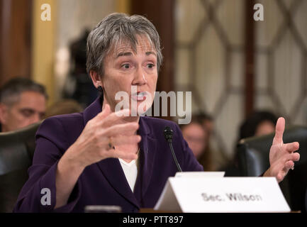 Washington, Stati Uniti d'America. 10 ottobre, 2018. Stati Uniti Segretario della Air Force Heather Wilson dà testimonianza dinanzi alla commissione del Senato sulle forze armate sottocommissione per la disponibilità e il supporto di gestione nel corso di una audizione intitolato 'US Air Force Readiness' sul colle del Campidoglio di Washington il mercoledì 10 ottobre, 2018. Credito: Ron Sachs/CNP | Utilizzo di credito in tutto il mondo: dpa/Alamy Live News Foto Stock