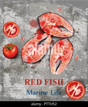 Pesce salmone bistecche acquerello vettore. Fette di pesce su sfondi vintage. Modello di menu Illustrazione Vettoriale