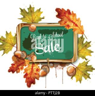 Si torna a scuola vendita chalk board e foglie di autunno acquerello illustrazione vettoriale Illustrazione Vettoriale