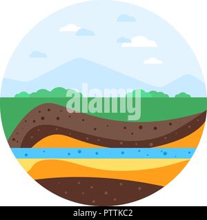 La metropolitana montagna. Paesaggio terrose slice sezione di suolo montagne con acqua geologico della metropolitana di terra Illustrazione Vettoriale