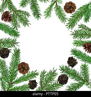 Sfondo con realistica di abete verde ramo di albero e coni. Posto per testo, congratulazioni. Natale e Anno Nuovo simbolo. Illustrazione Vettoriale