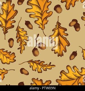 Vector seamless pattern di foglie di quercia e ghiande. Disegnato a mano illustrazione vettoriale Illustrazione Vettoriale