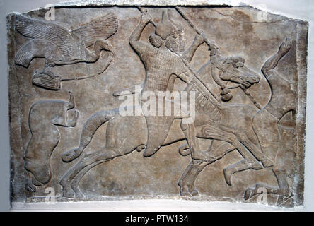 Rilievo assiro raffigurante una scena di battaglia dell'esercito assiro. La cavalleria sconfigge un nemico. Nimrud, Palazzo centrale. Circa 72 BC. Foto Stock