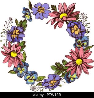 Ghirlanda floreale di heartseases crisantemi e pastore purse disegnati a mano illustation vettore Illustrazione Vettoriale