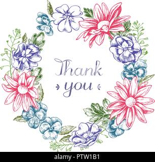 Ghirlanda floreale di heartseases crisantemi e pastore purse disegnati a mano illustation vettore Illustrazione Vettoriale