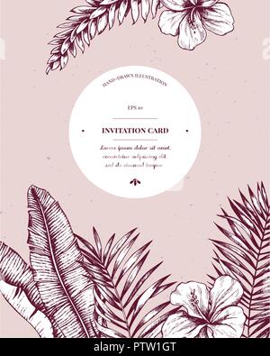 Invito il design della scheda con piante esotiche. Disegnata a mano altamente dettagliata illustrazione vettoriale Illustrazione Vettoriale