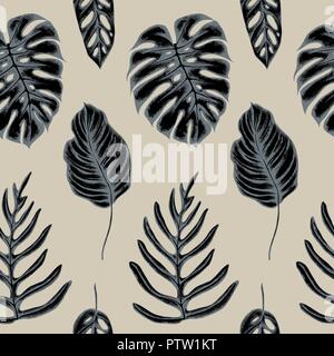 Vector seamless pattern di foglie di monstera. Disegnato a mano illustrazione vettoriale Illustrazione Vettoriale