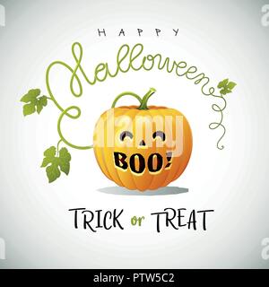 Happy Halloween. Dolcetto o scherzetto. Biglietto di auguri con cute di zucca. Illustrazione Vettoriale. Illustrazione Vettoriale