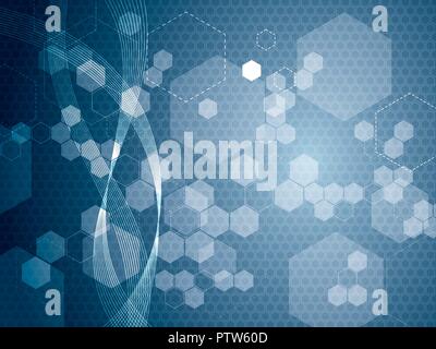 Abstract la tecnologia Blu sfondo con linee, frecce, esagoni. Concetto di design futuristico di tecnologia, scienze, medicina e chimica in vecto Illustrazione Vettoriale